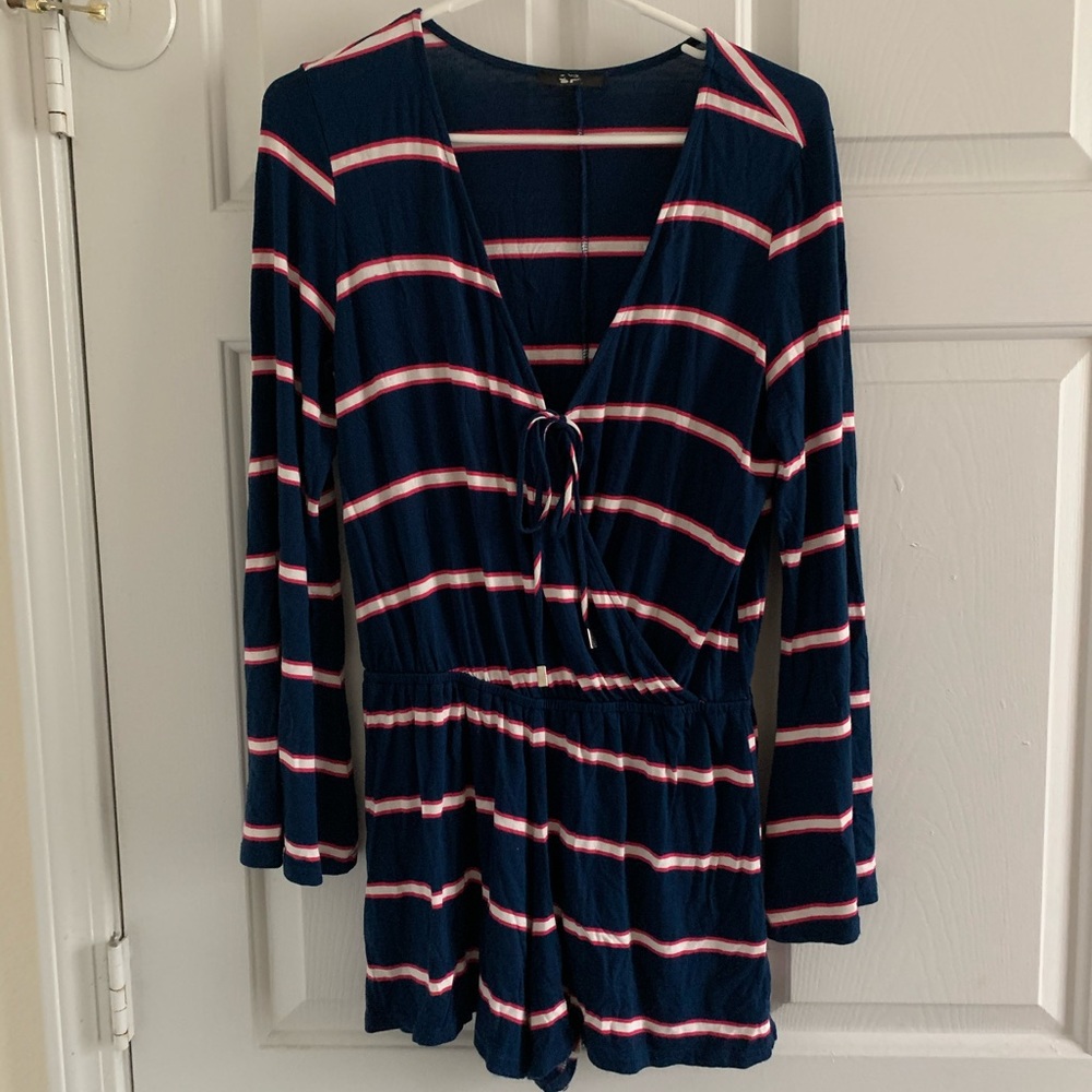 Navy/pink/white striped romper